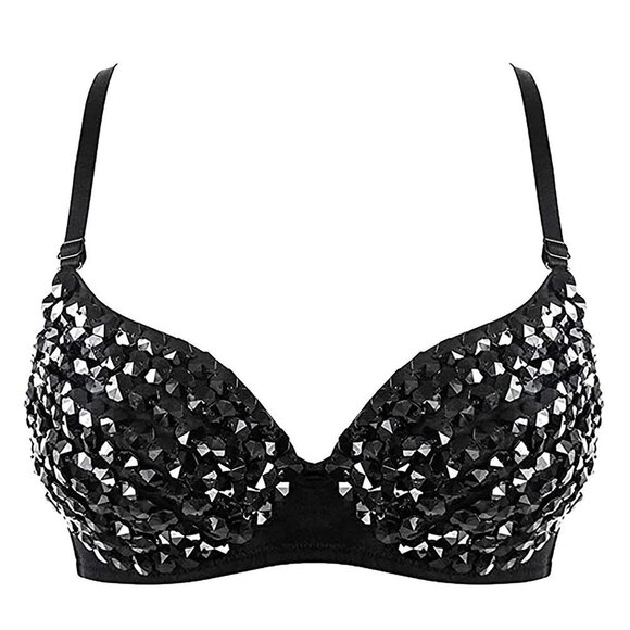 FASHION Metallic Spike Punk Goth Bra Clubwear - Blackrhinestone - Picture 1 of 6